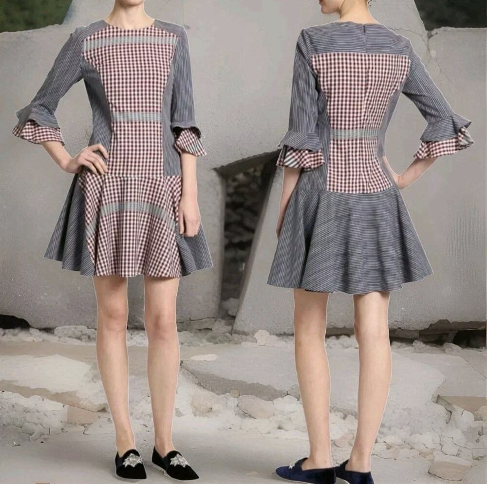 Badgley Mischka Mini Dress Size 8 Striped Gingham 3/4 Sleeve Prairie Cottagecore